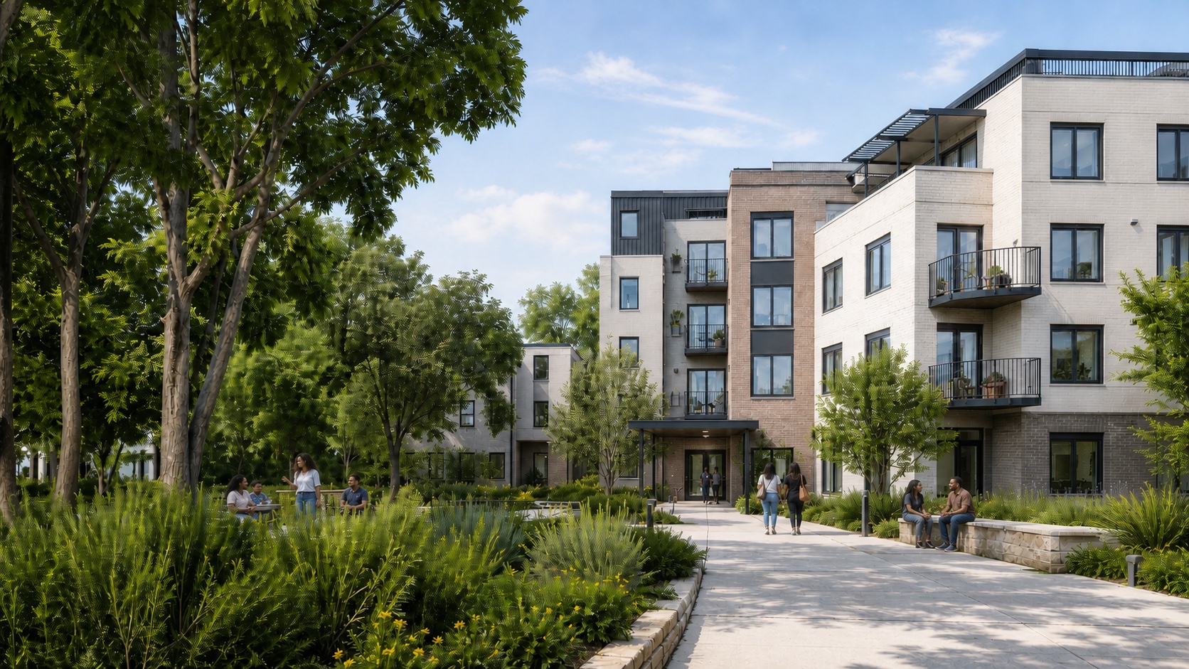 Concept view of a welcoming multifamily apartment community with Black residents in a landscaped courtyard on a sunny day.